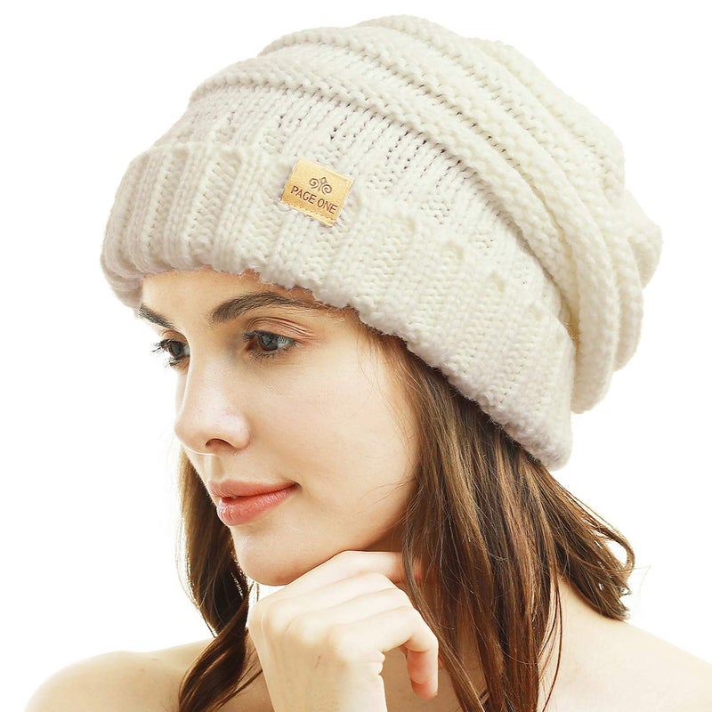 PAGE ONE Womens Winter Beanie Warm Cable Knit Hat Style Stretch Trendy Ribbed Chunky Cap White - Image 2
